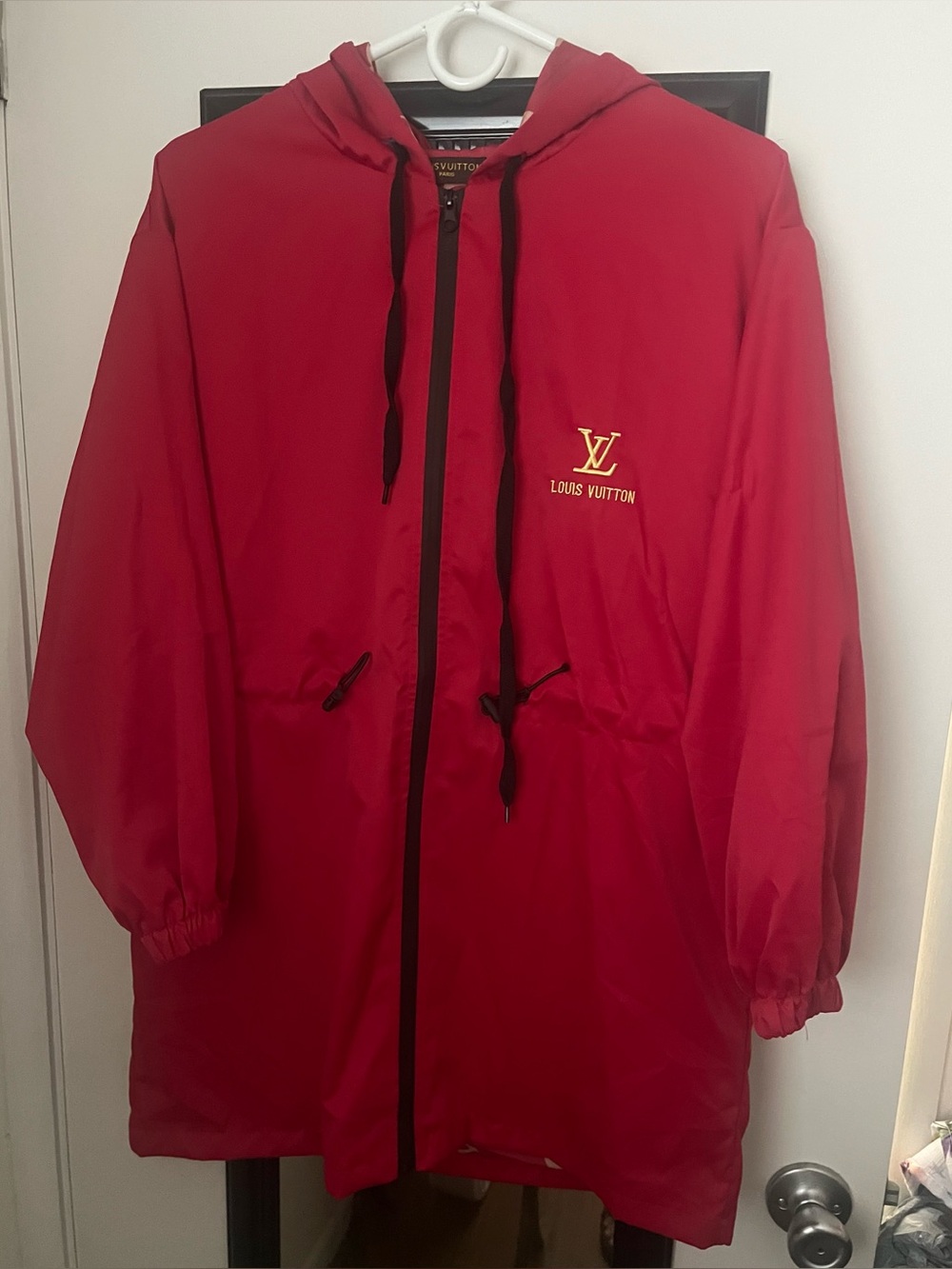 Louis Vuitton Red Hooded Raincoat with Gold Logo (knock off)